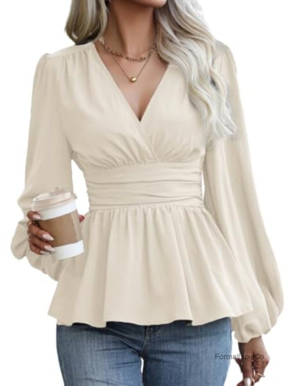 Wrap V Neck Peplum Top Long Puff Sleeve Cinched Waist Office Blouse